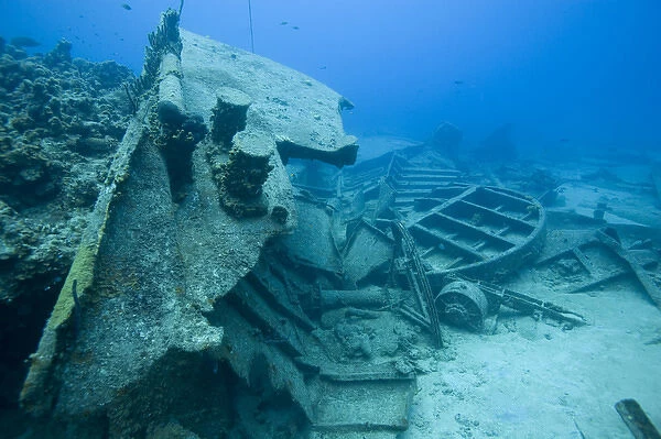 Cayman Islands, Grand Cayman Island, Wreck of SS Nicholson on sandy floor of Caribbean