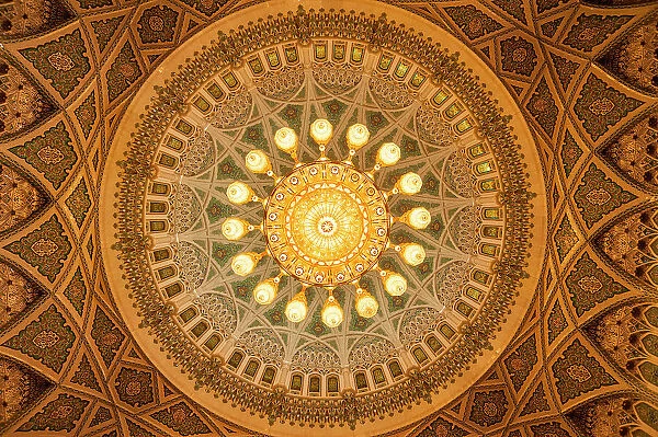 The ceiling of the men's prayer room in the Sultan Qaboos Grand Mosque, Muscat, Oman