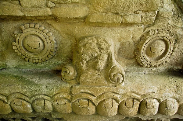 Central America, Belize, Chiquibul Forest Reserve, Caracol. Detail of carved face