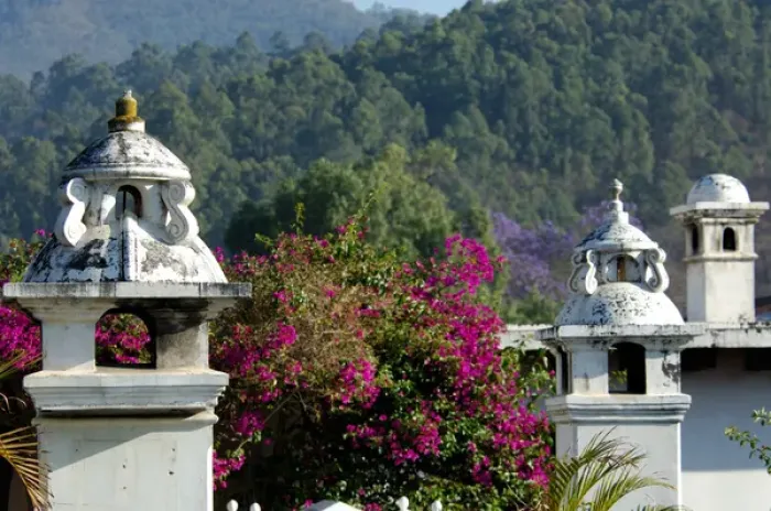 Framed Print : Central America, Guatemala, Antigua. Building tops with flowers. UNESCO World Heritage