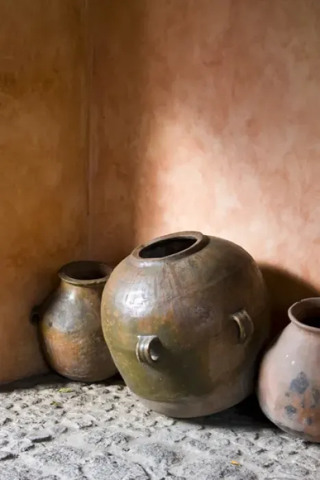 Framed Print : Central America, Guatemala, Antigua. Pottery decorating the corner of a hotel in Antigua