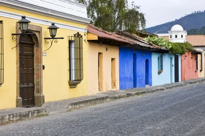 Framed Print : Central America, Guatemala, Antigua. A typical colorful street in Antigua