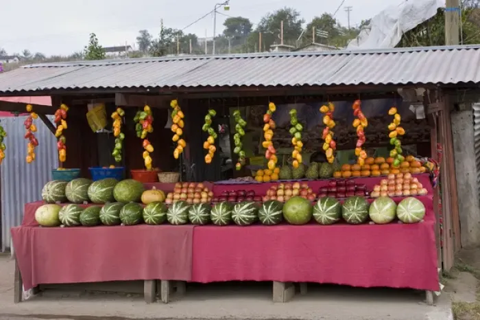 Framed Print : Central America, Guatemala, Chichicastenango. Fruit stand along highway