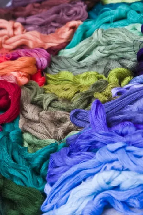 Framed Print : Central America, Guatemala, Chichicastenango. Colorful yarn on display at the market