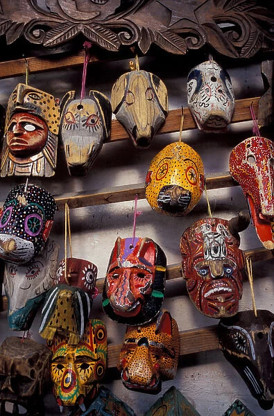 Central America, Guatemala, Highlands, Lake Atitlan, Panajachel, painted masks for sale