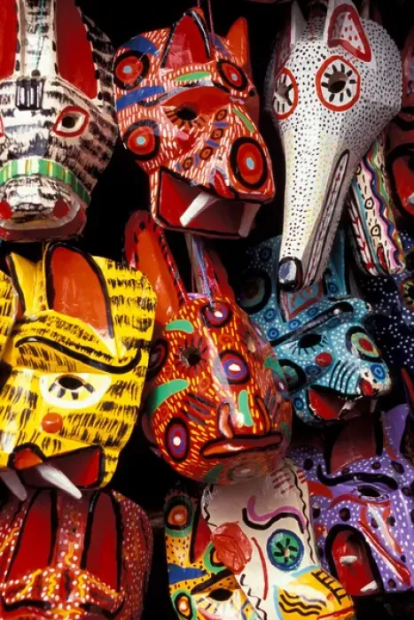 Framed Print : Central America, Guatemala, Highlands, Chichicastenango, painted masks at Sunday market Framed Print : Central America, Guatemala, Highlands, Chichicastenango, painted masks at Sunday market