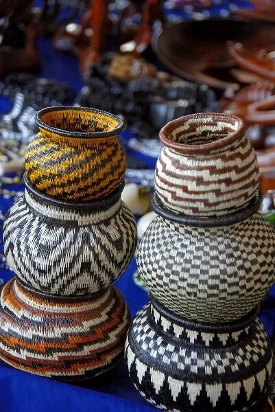 Central America, Panama, Cristobal. Local Embera Indian handicrafts, traditional baskets
