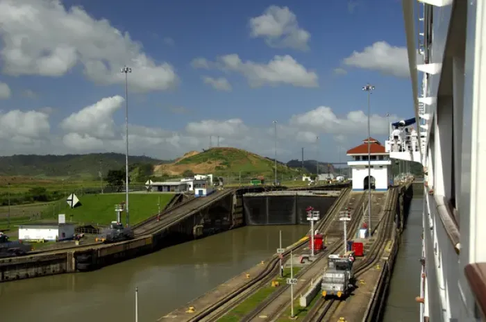 Framed Print : Central America, Panama, Panama Canal. Cruise ship transiting the Pedro Miguel Lock