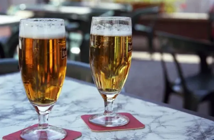 Framed Print : Chablis; two cool beers at 42 degrees hot summer day at a bar in the village, Bourgogne