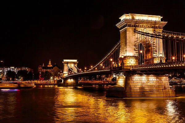 Chain Bridge Saint Stephens Danube River Reflection Budapest Hungary