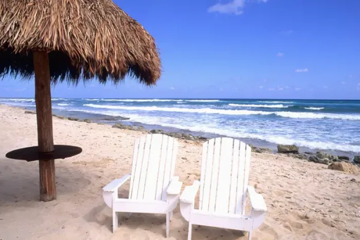 Framed Print : Chairs on beautiful beach in Cozumel Mexico