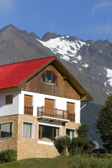 Framed Print : Chalet style house below the Martial mountain range at Ushuaia, Tierra del Fuego, Argentina Framed Print : Chalet style house below the Martial mountain range at Ushuaia, Tierra del Fuego, Argentina