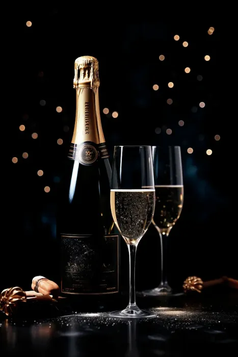 Framed Print : Champagne glasses and bottle on table. (AI Generated) Framed Print : Champagne glasses and bottle on table. (AI Generated)