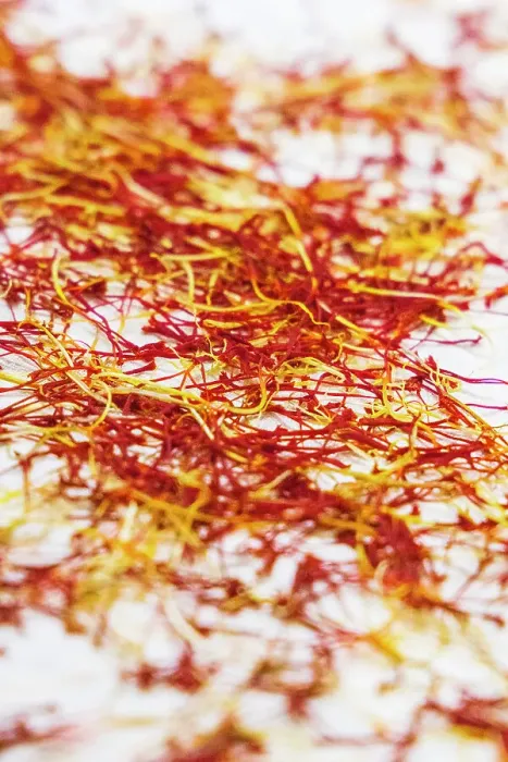 Framed Print : Chanda Haro, Pampore, Jammu and Kashmir, India. Pistils from saffron crocus flowers in Jammu and Kashmir