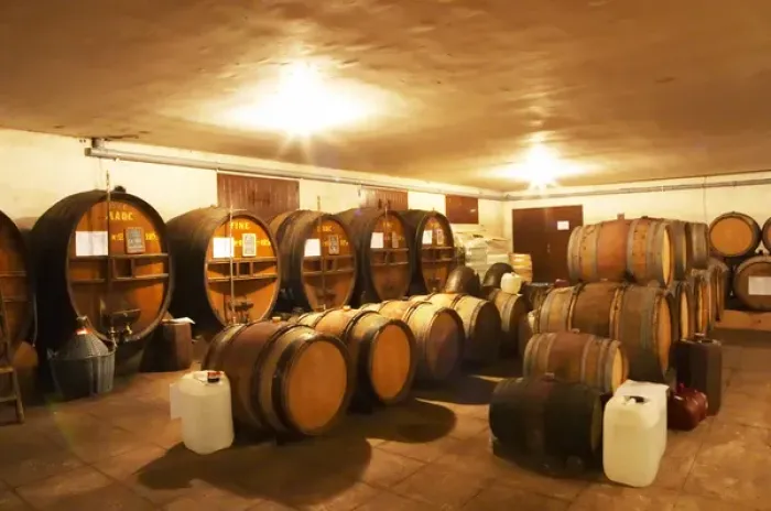 Framed Print : In the Chapoutier winery. The special storage room for spirits, marc, fine, with old wooden barrels Framed Print : In the Chapoutier winery. The special storage room for spirits, marc, fine, with old wooden barrels