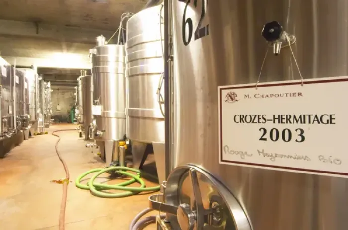 Framed Print : In the Chapoutier winery. Stainless steel fermentation tanks, one with Crozes Hermitage Framed Print : In the Chapoutier winery. Stainless steel fermentation tanks, one with Crozes Hermitage