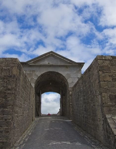 Charles Fort entrance into the 17th Century walled fort outside Kinsale with a bright blue sky