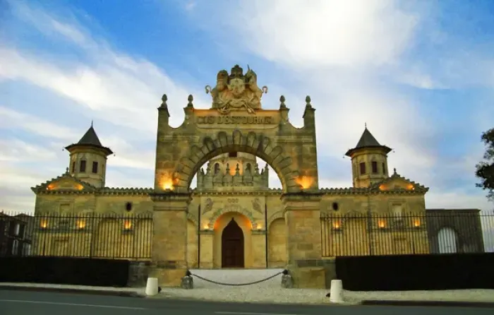 Framed Print : Chateau Cos d Estournel, the gate and the facade at dusk with flood lights floodlit blue sky Framed Print : Chateau Cos d Estournel, the gate and the facade at dusk with flood lights floodlit blue sky