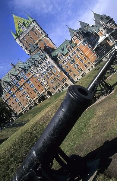 Chateau Frontenac with canon in Quebec City Quebec Canada and the city