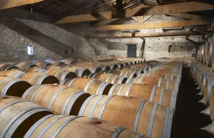 Framed Print : Chateau de Lascaux, Vacquieres village. Pic St Loup. Languedoc. Barrel cellar. France