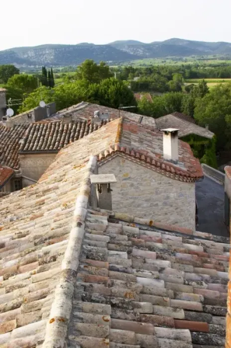 Framed Print : Chateau de Lascaux, Vacquieres village. Pic St Loup. Languedoc. Village roof tops with tiles Framed Print : Chateau de Lascaux, Vacquieres village. Pic St Loup. Languedoc. Village roof tops with tiles