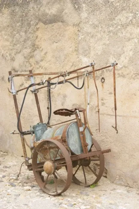 Framed Print : Chateau de Montpezat. Pezenas region. Languedoc. An old horse-drawn spraying cart Framed Print : Chateau de Montpezat. Pezenas region. Languedoc. An old horse-drawn spraying cart