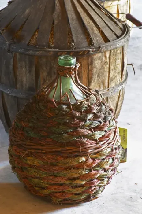 Framed Print : Chateau Rives-Blanques. Limoux. Languedoc. Demijohns with wine in wicker baskets