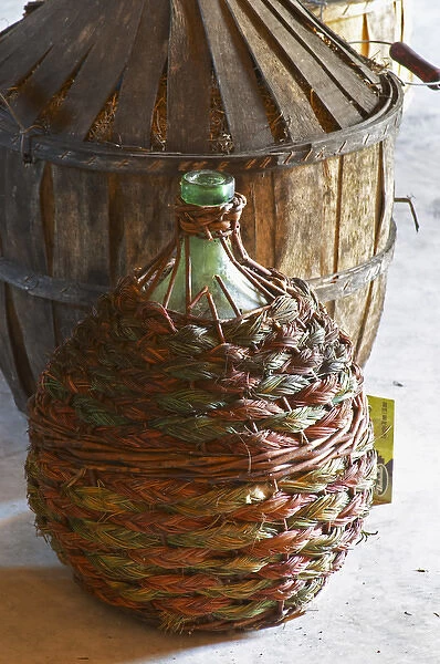 Chateau Rives-Blanques. Limoux. Languedoc. Demijohns with wine in wicker baskets