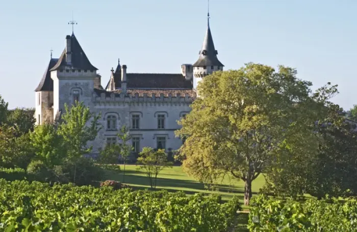 Framed Print : The chateau with turrets and vineyard - Chateau Carignan, Premieres Cotes de Bordeaux