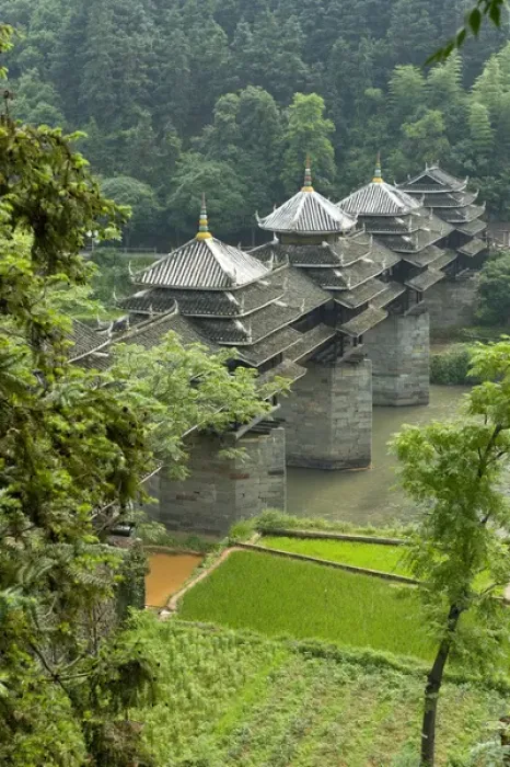 Framed Print : Chengyang Wind and Rain Bridge, is surrounded by Dong Villages, Sanjiang Dong Minority