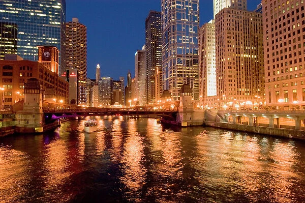Chicago, Illinois, Skyline and Chicago River at Night