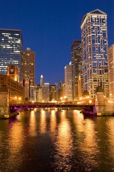 Chicago, Illinois, Skyline and Chicago River at Night