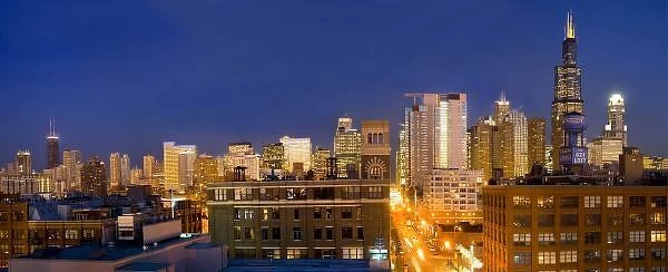 Chicago, Illinois, skyline shot from West Loop at dusk