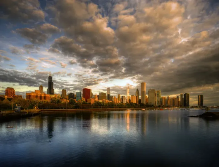 Framed Print : Chicago skyline shimmers at sunrise over lake Michigan