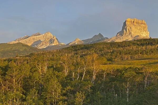 Chief, Ninaki, Papoose and Gable Mountains at sunrise in Glacier National Park, Montana