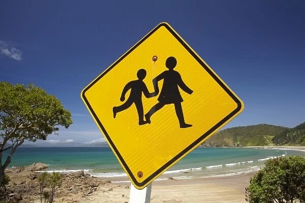 Children warning sign and Long Beach, Oneroa Bay, Russell, Bay of Islands, Northland