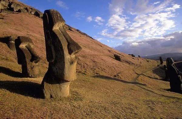 Chile, Easter Island. Hillside with Moai statues