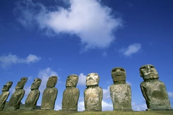 Chile, Easter Island (Rapa Nui), Ahu Akivi Ceremonial site, Giant moai, mysterious stone heads