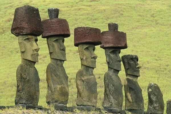Chile, Easter Island, Rapa Nui, Ahu Nau-nau ceremonial site, Moai stone heads, Anakena Beach