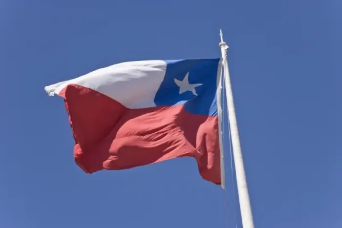 Framed Print : Chile, Patagonia, Punta Arenas. Chilean flag waves against blue sky