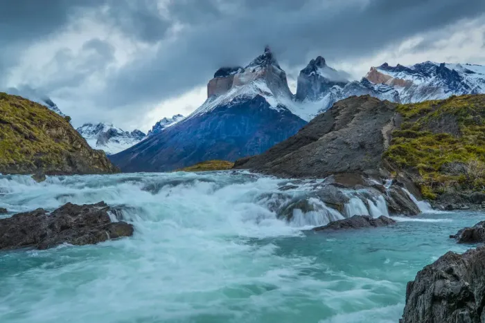 Framed Print : Chile, Patagonia, Torres del Paine National Park. River rapids and mountain landscape Framed Print : Chile, Patagonia, Torres del Paine National Park. River rapids and mountain landscape