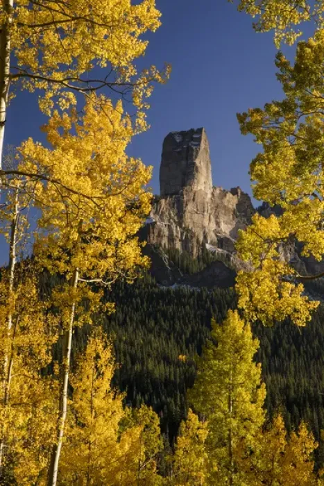 Framed Print : Chimney Rock framed with golden aspens, from Owl Creek Pass, Cimarron range in autumn