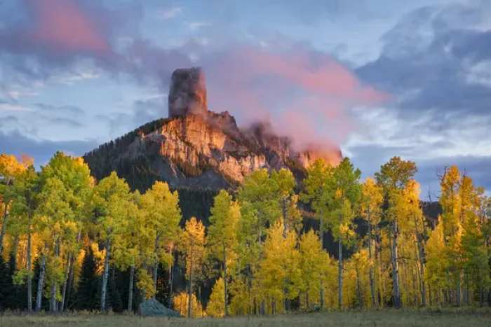 Framed Print : Chimney Rock at sunset, from Owl Creek Pass, Cimarron range in autumn, San Juan Mountains