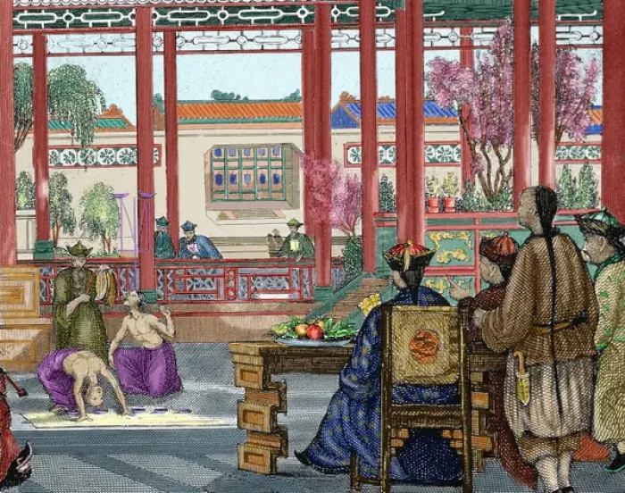 Framed Print : China. Acrobats performing at the Imperial Court. Nineteenth-century colored engraving