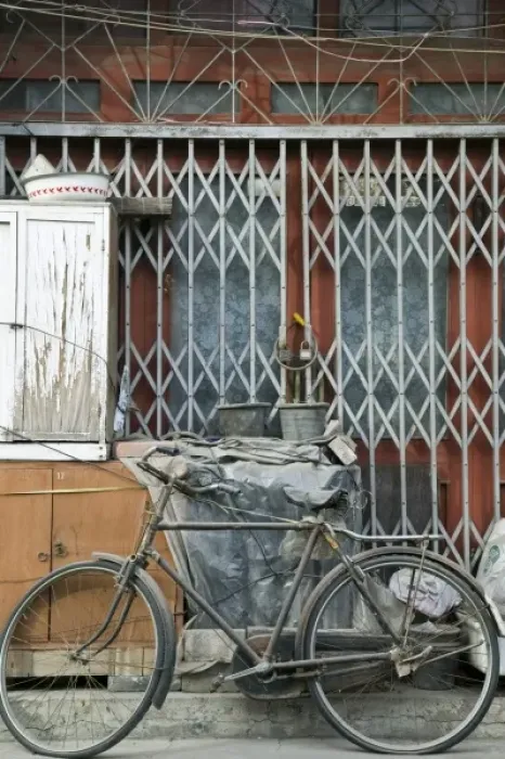 Framed Print : China, Beijing, Dashilar District. Bicycle outside old house Framed Print : China, Beijing, Dashilar District. Bicycle outside old house