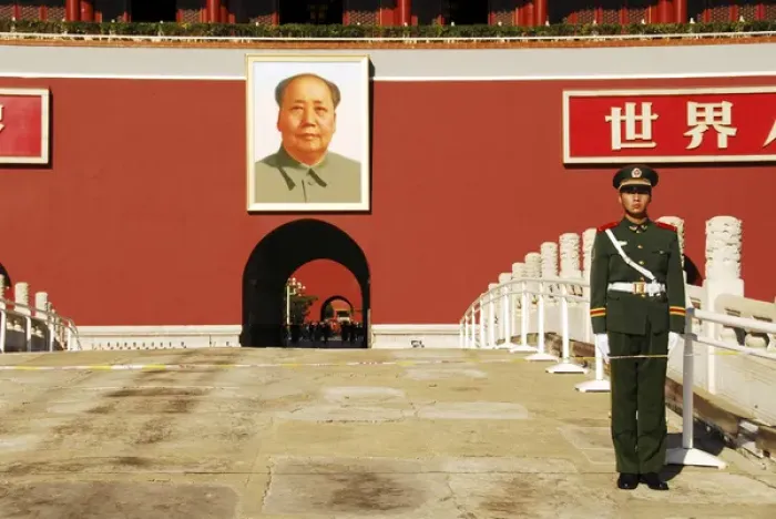 Framed Print : China. Beijing, security guard posted on the Tiananmen Gate of the Forbidden City in the background Framed Print : China. Beijing, security guard posted on the Tiananmen Gate of the Forbidden City in the background