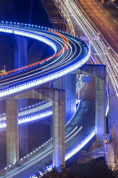 China, Caiyuanba Bridge, High Angle view of traffic lights on Caiyuanba Bridge spanning