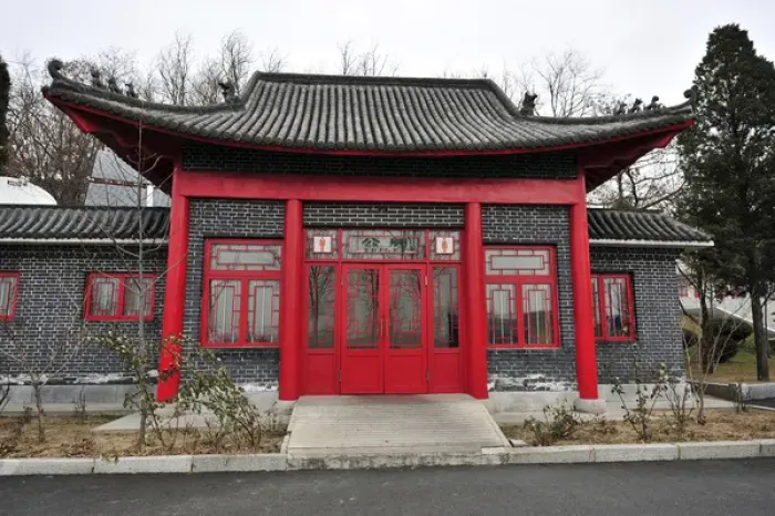 Framed Print : China, Dandong, roofed built structure with a red door and windows