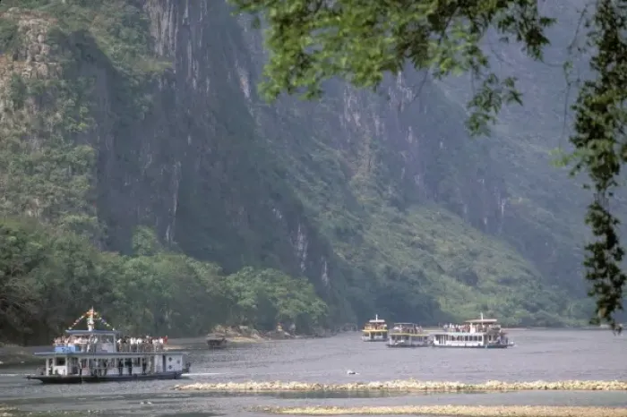Framed Print : China, Guangxi. Guilin Li river cruise. River cruise boats Framed Print : China, Guangxi. Guilin Li river cruise. River cruise boats