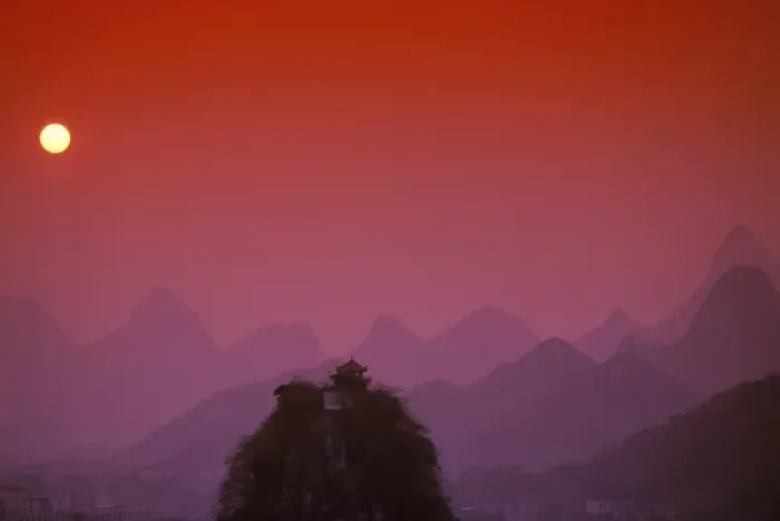 Framed Print : China, Guangxi. Guilin, Solitary beauty peaks & mountains: sunset pink Framed Print : China, Guangxi. Guilin, Solitary beauty peaks & mountains: sunset pink